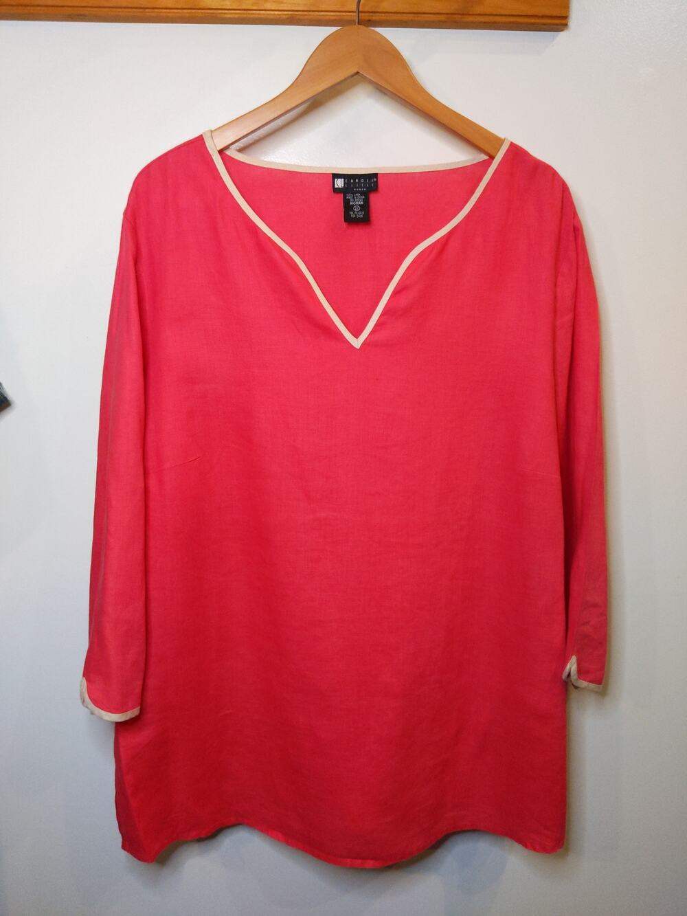 Carole Little Coral Pink 100% Linen Tunic Top Contrast Cream Trim 2X Plus